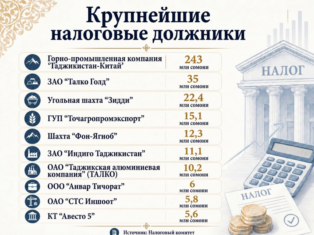 Налоговый комитет Таджикистана назвал своих крупнейших должников