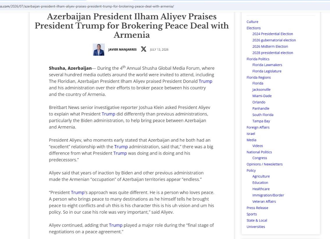 The Floridian о заявлениях Президента Ильхама Алиева о роли Трампа в мирном процессе