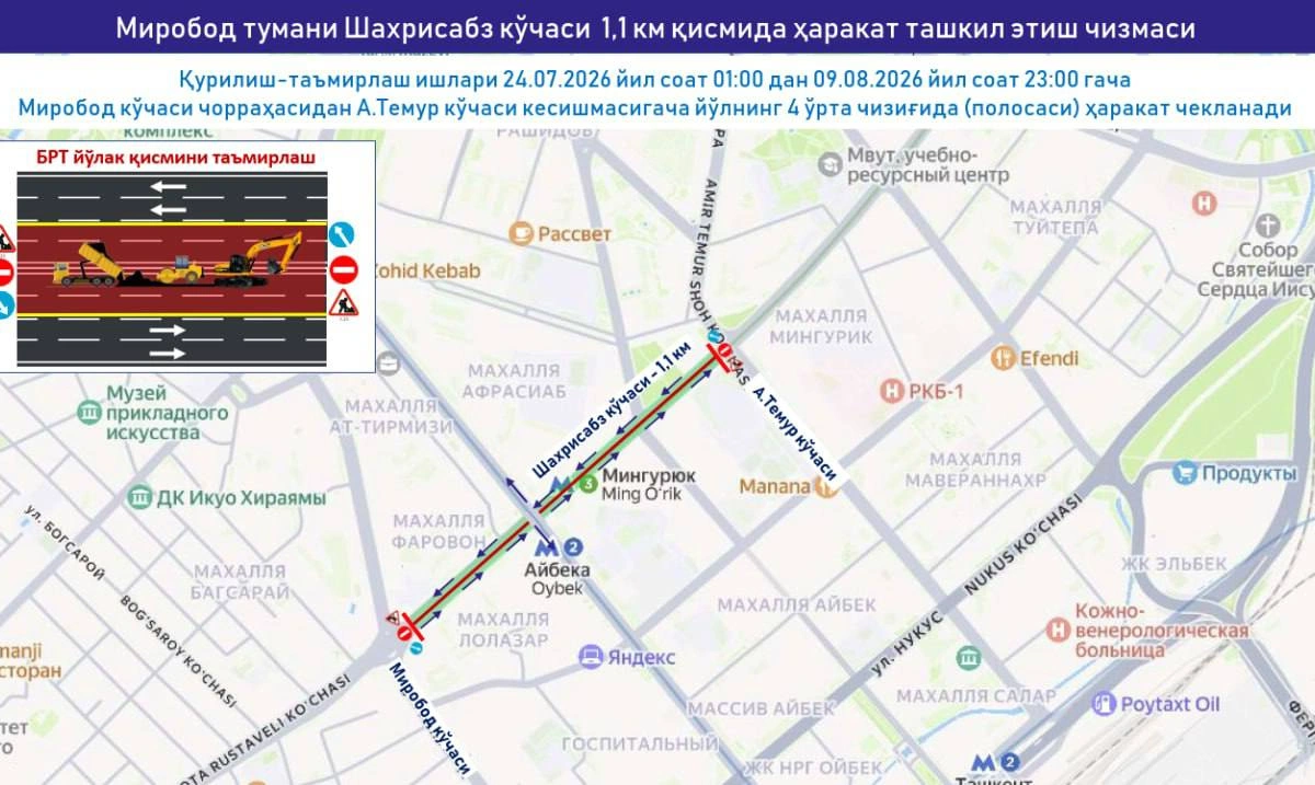 В Ташкенте начали строить новую выделенную полосу BRT на улице Шахрисабз