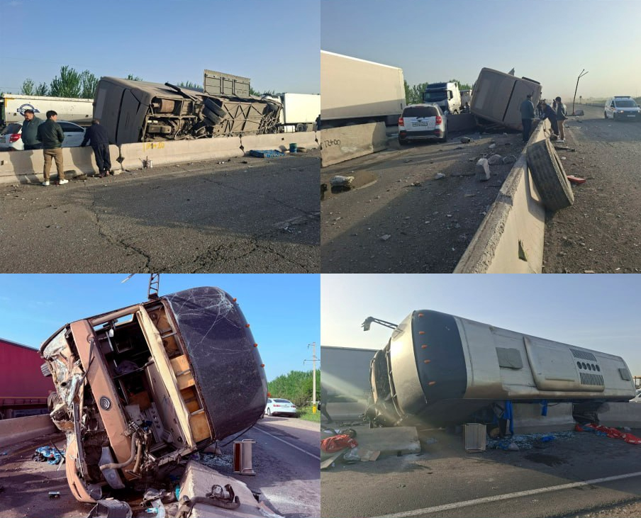 На трассе в Джизакской области пассажирский автобус врезался в бетонное ограждение
